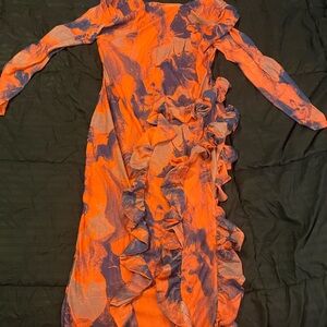 Elegant Orange and Blue Ruffle Mesh Maxi Dress